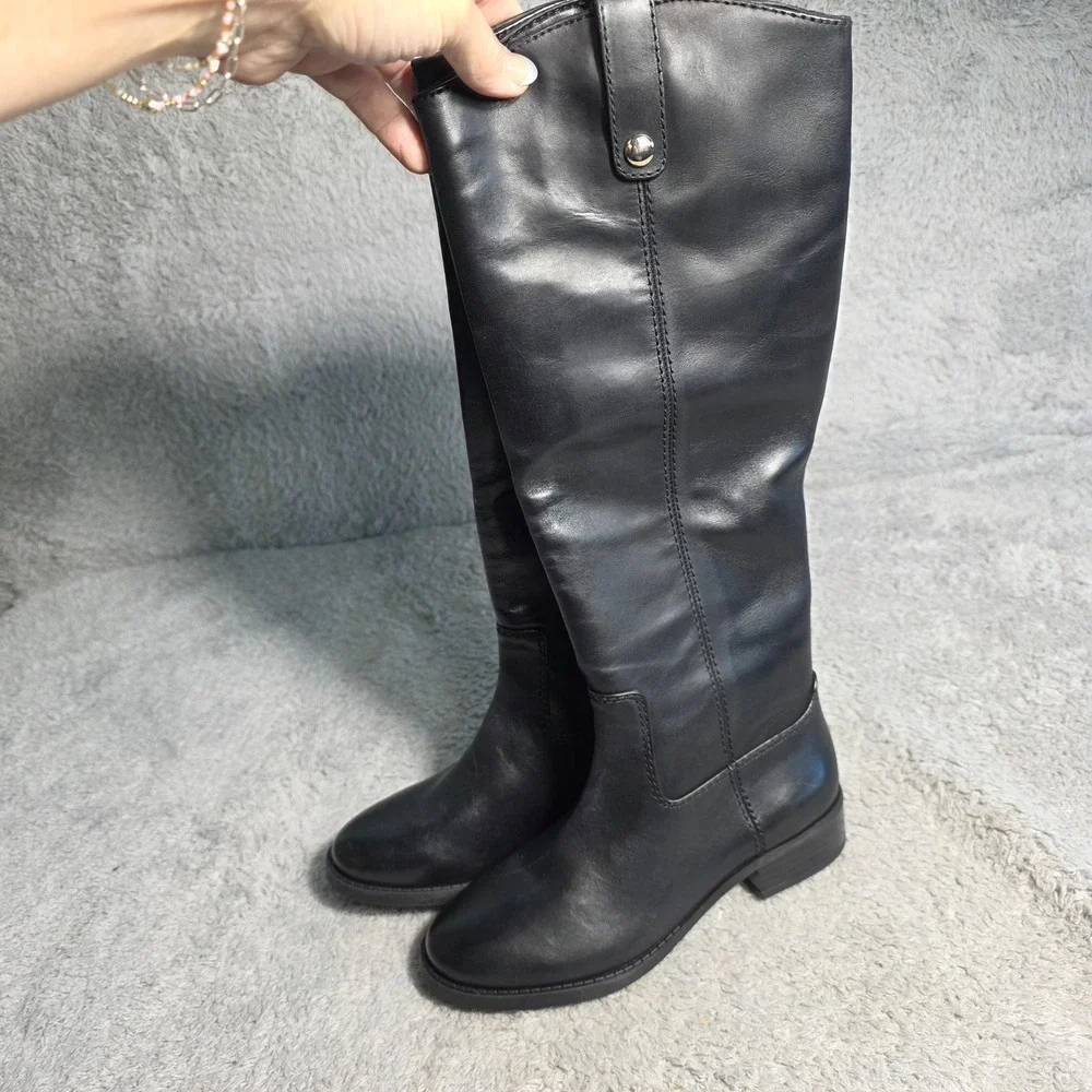 INC Womens Black Genuine Leather Knee High Riding Boots Low Block Heel Sz 5M NWT